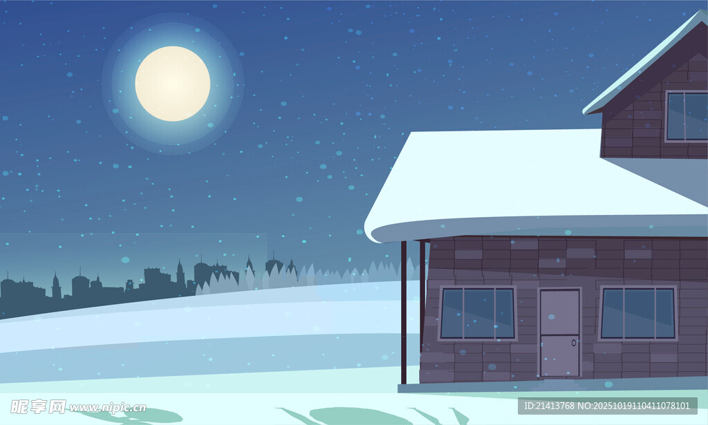 雪夜小屋月光下的静谧景