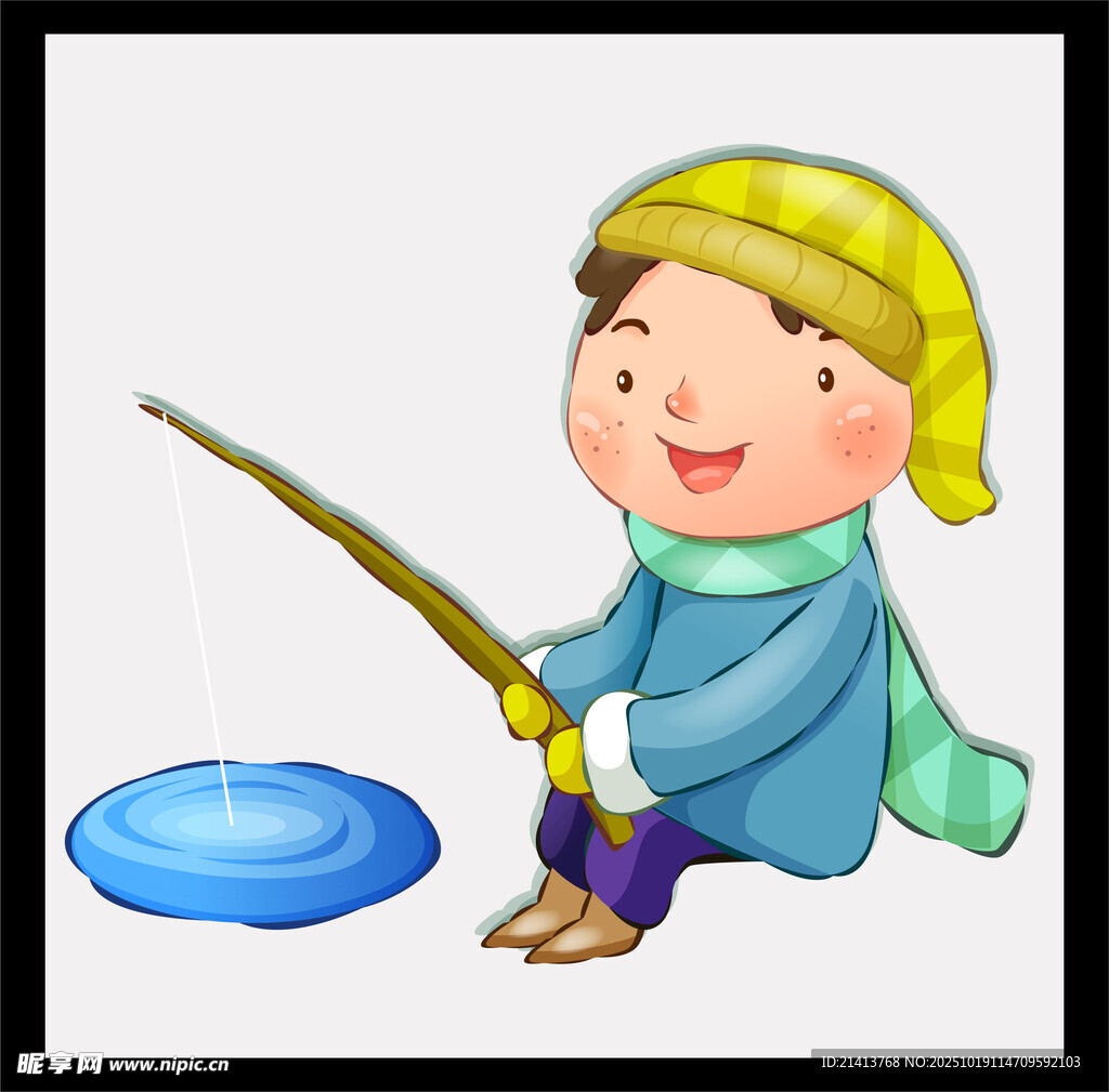 小孩冬日户外快乐钓鱼