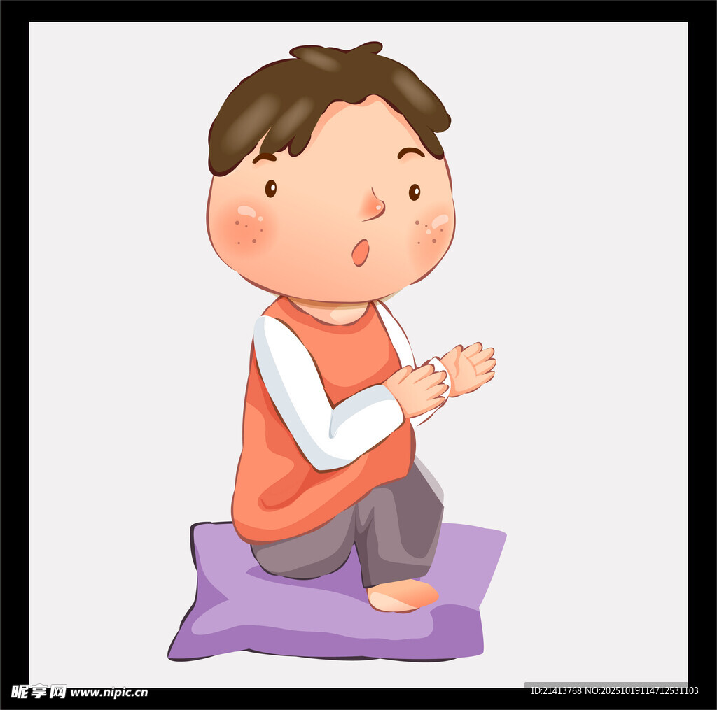 小男孩跪坐双手合十祈祷