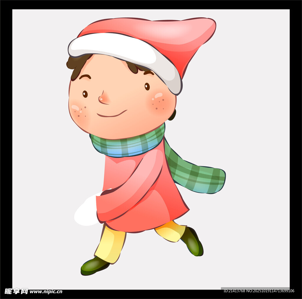 戴帽围巾小孩欢快行走