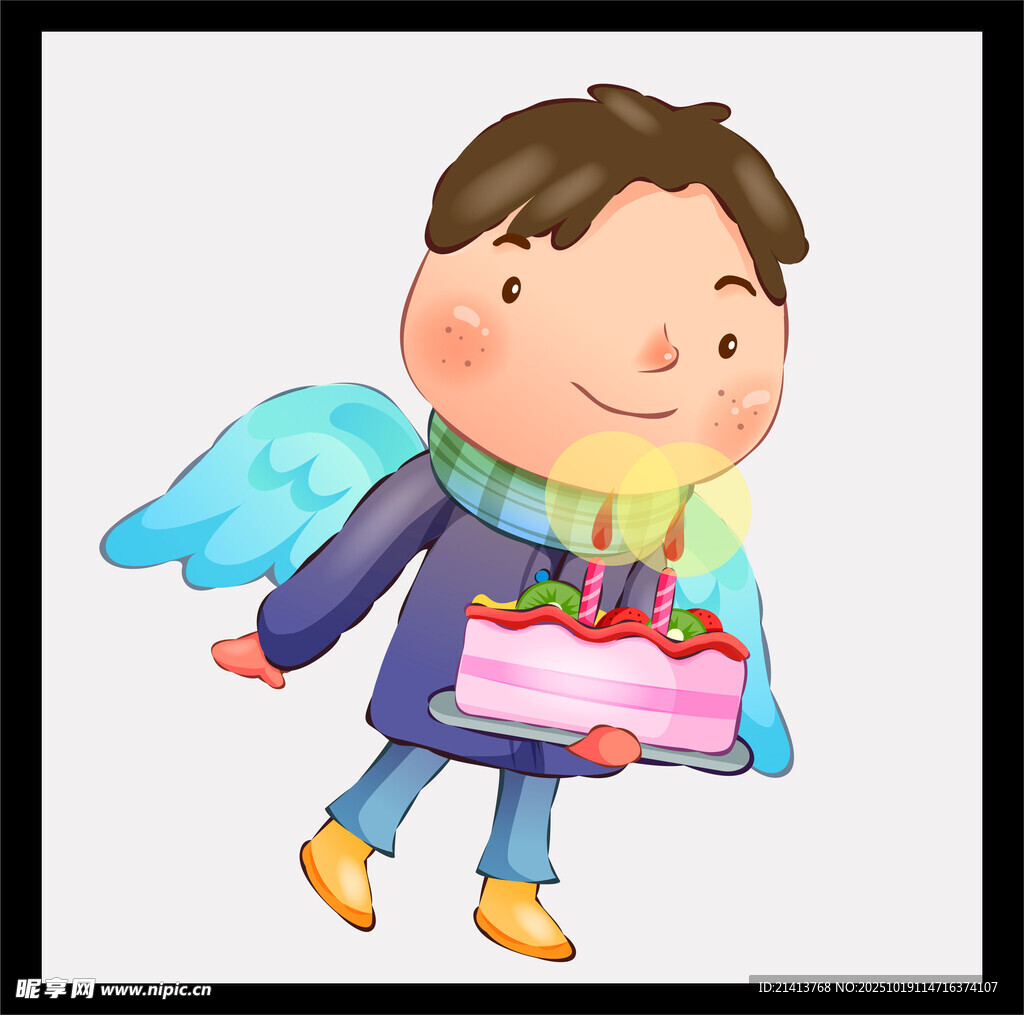 带翅膀男孩捧生日蛋糕