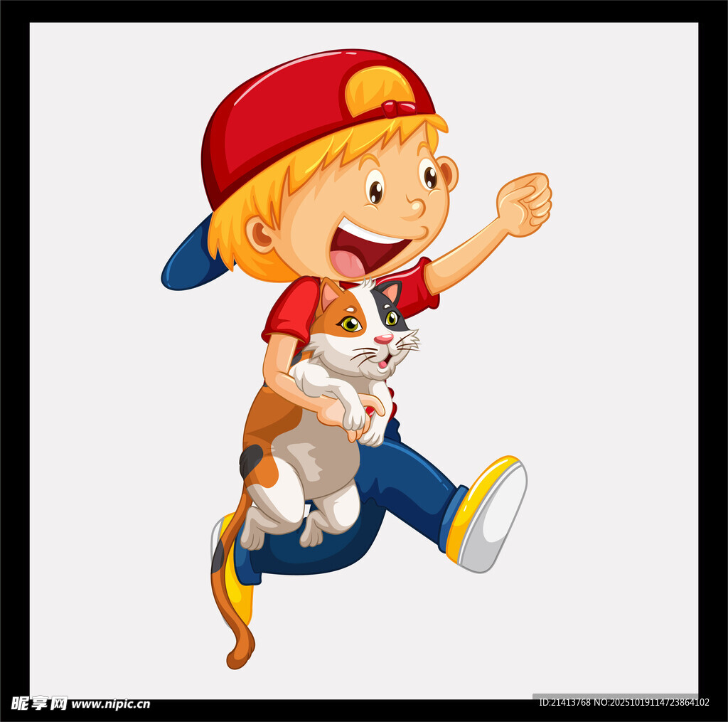 男孩抱猫快乐奔跑