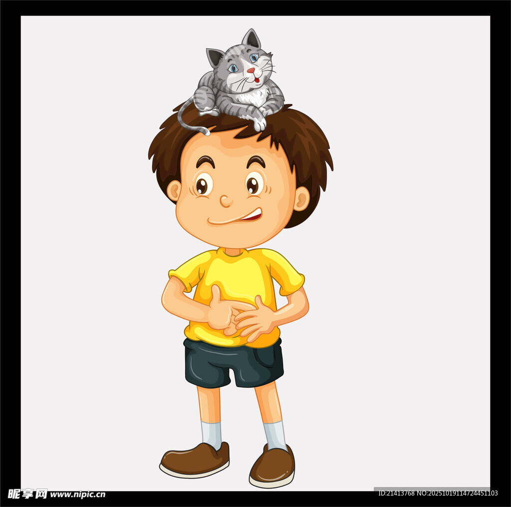 头顶猫咪的小男孩
