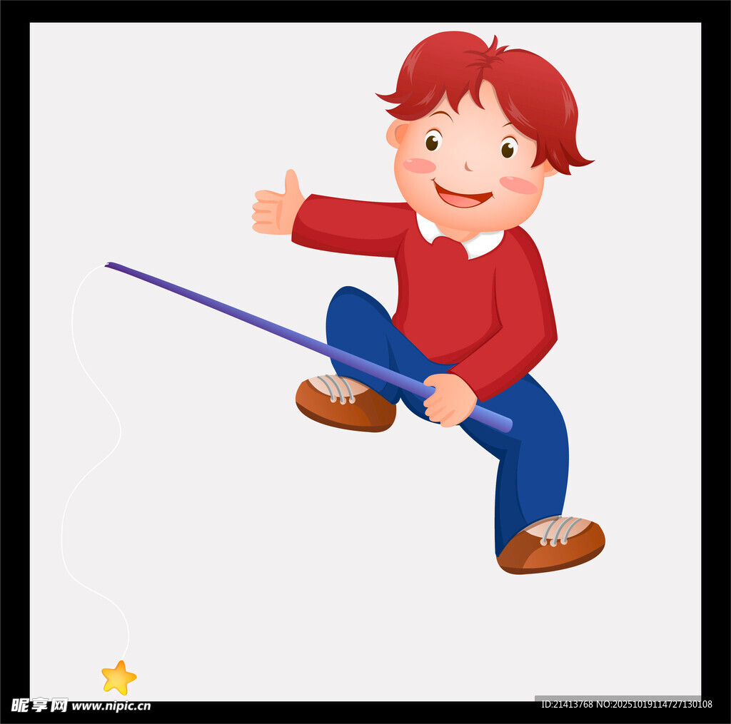 小男孩骑扫帚开心玩耍