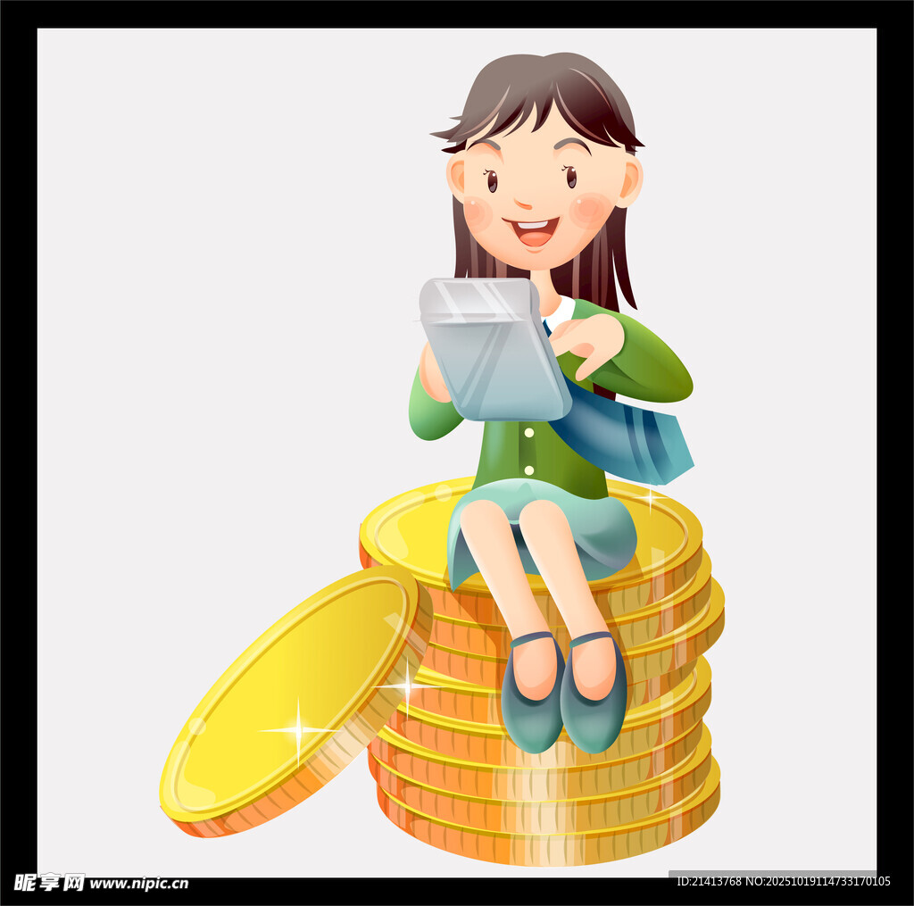 女孩坐金币堆上阅读