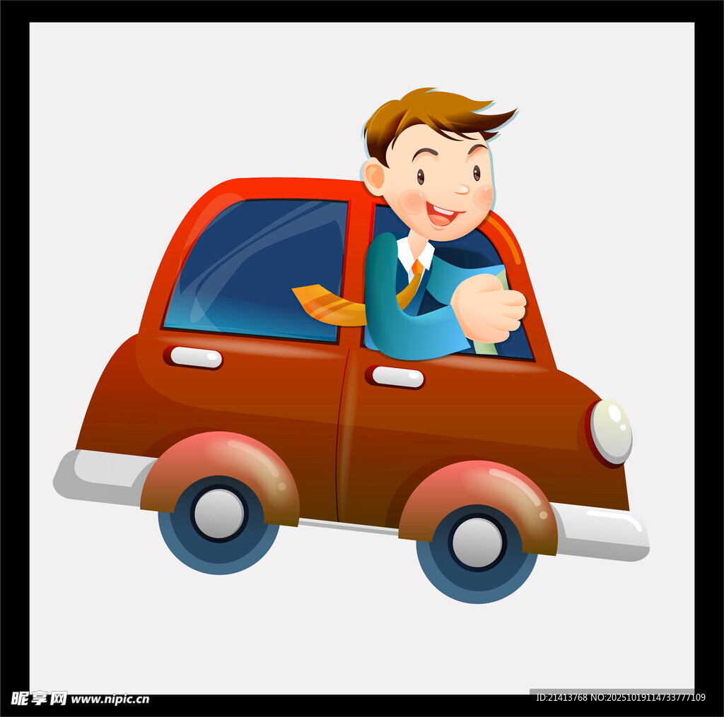 卡通人物驾驶红色小汽车