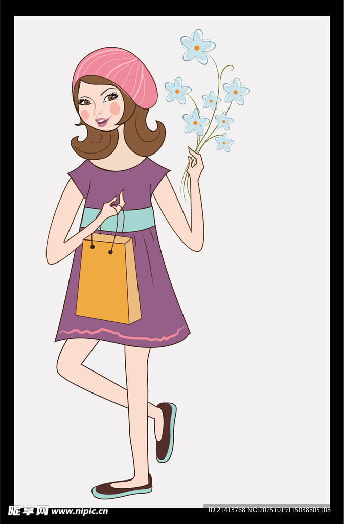 时尚女孩手持花购物