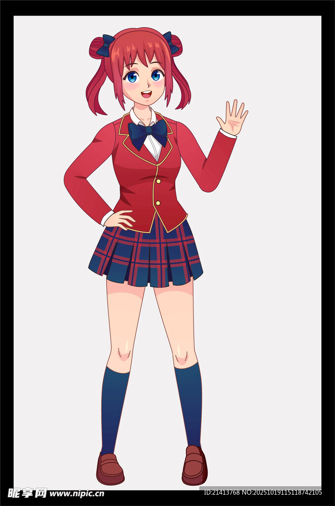 红发校服少女俏皮挥手