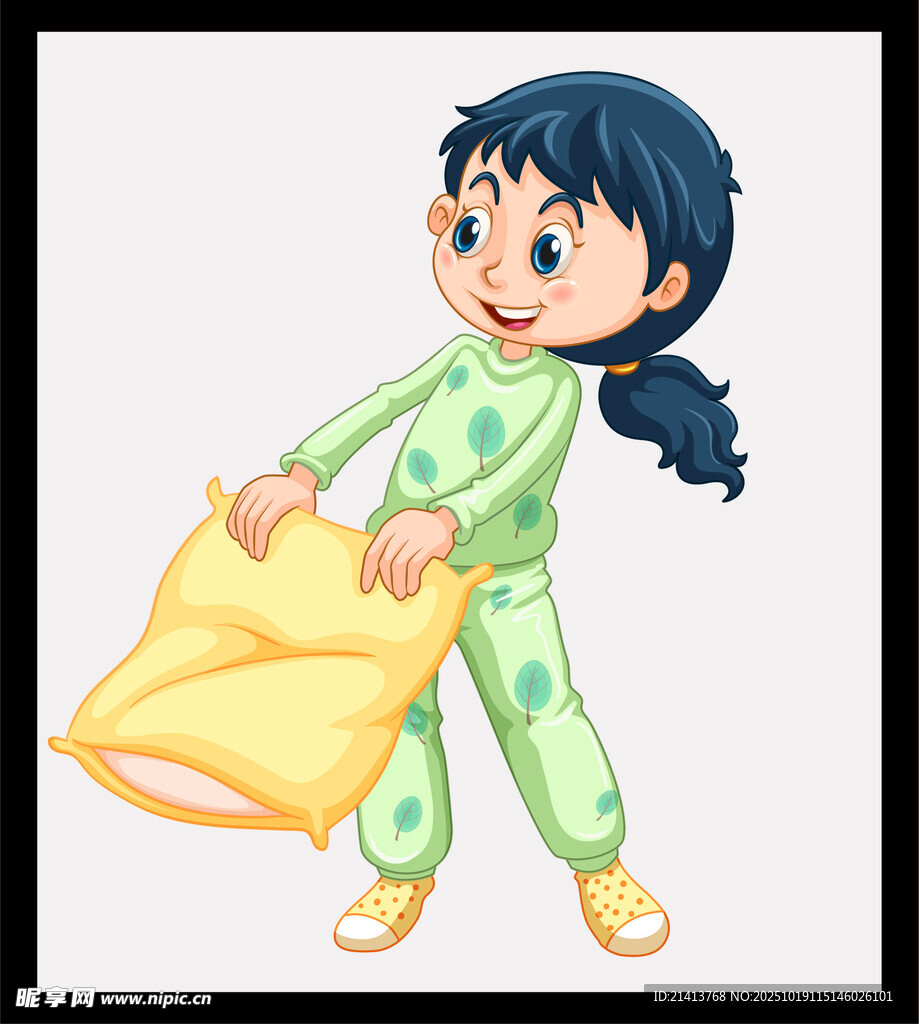 小女孩开心整理黄色被子