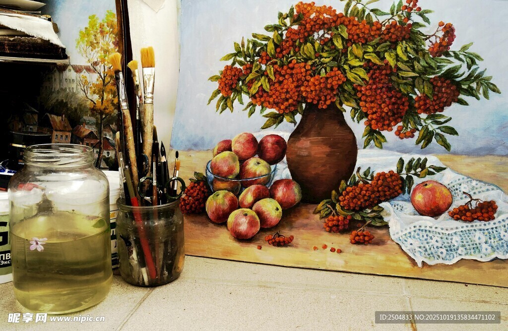 静物油画 花瓶与水果