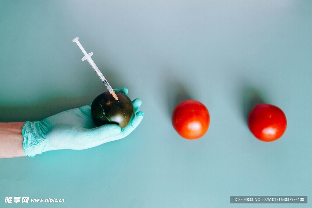 手套手用注射器对准西红柿