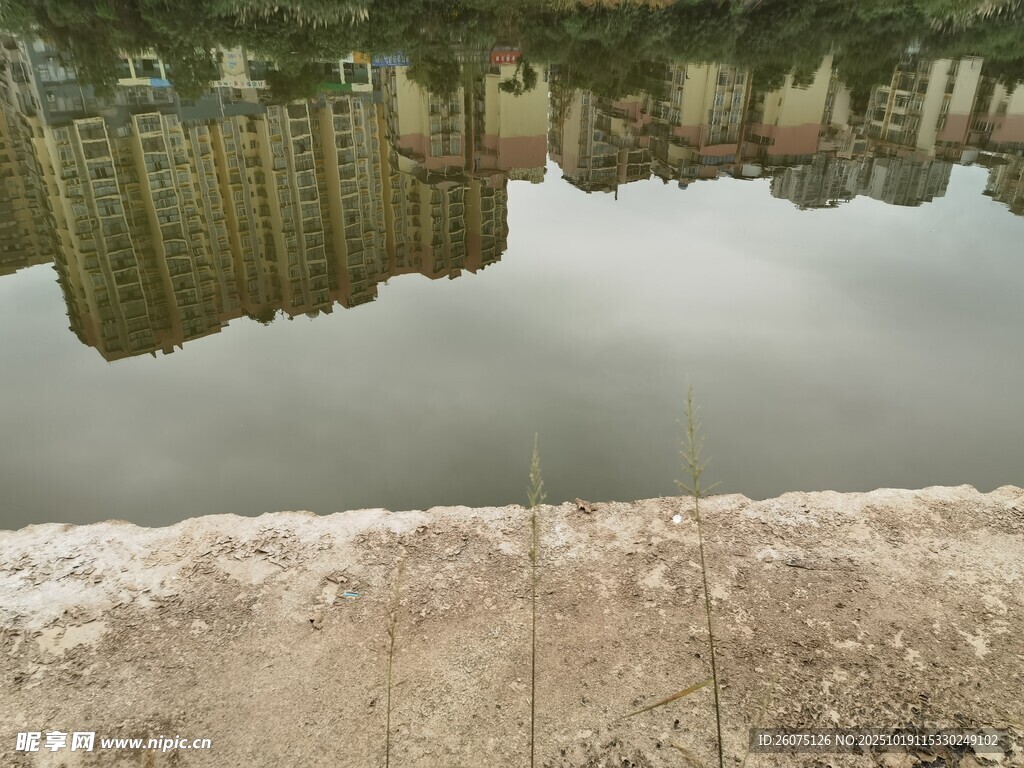 城市湖边景致倒影