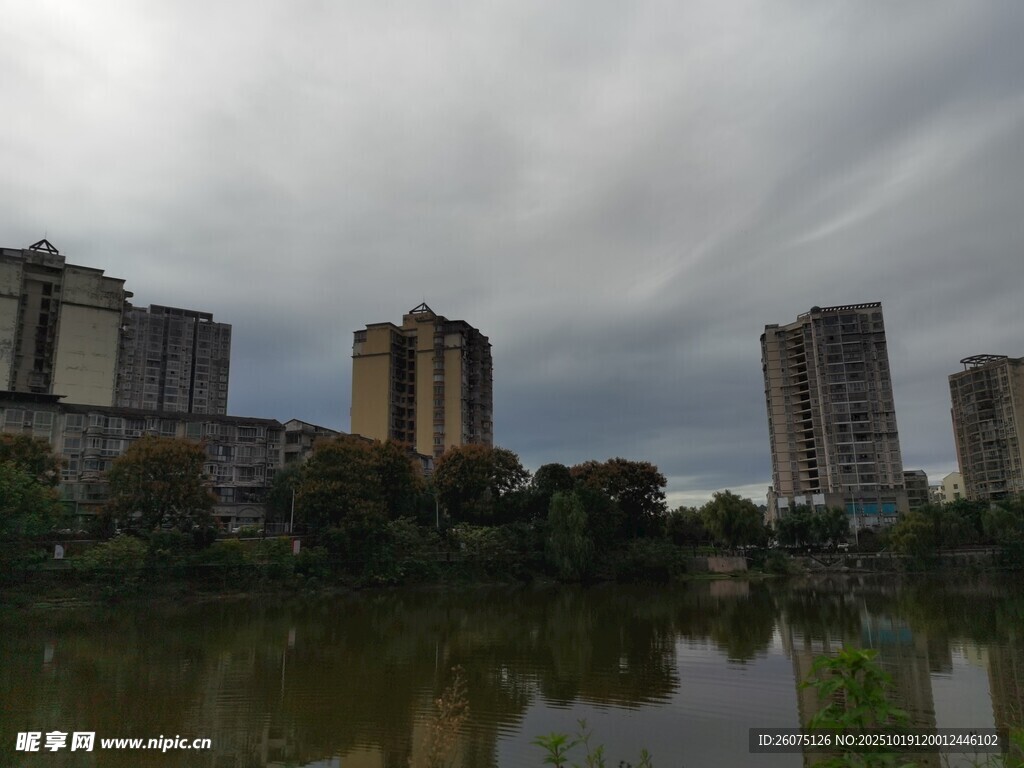 湖畔高楼林立的城市景致