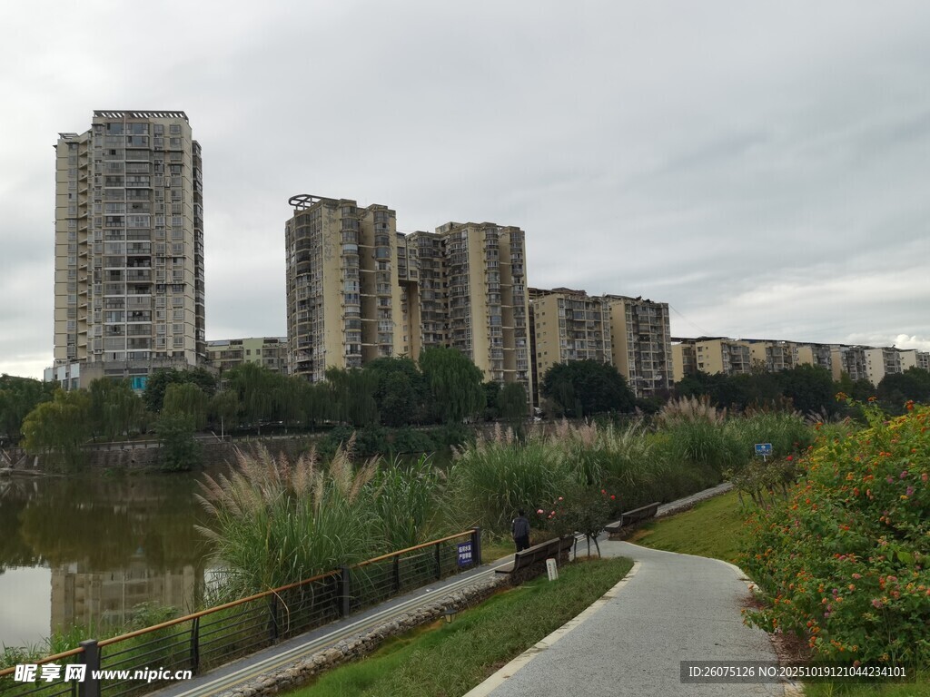 河畔旁的高层住宅区景观