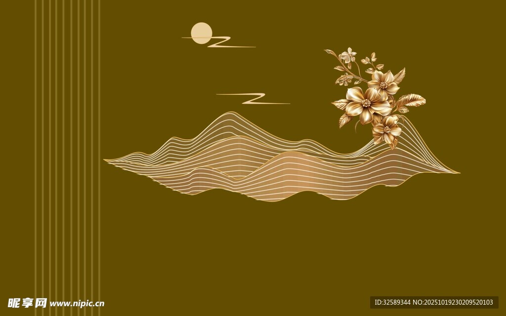 中式山水花鸟简约插画