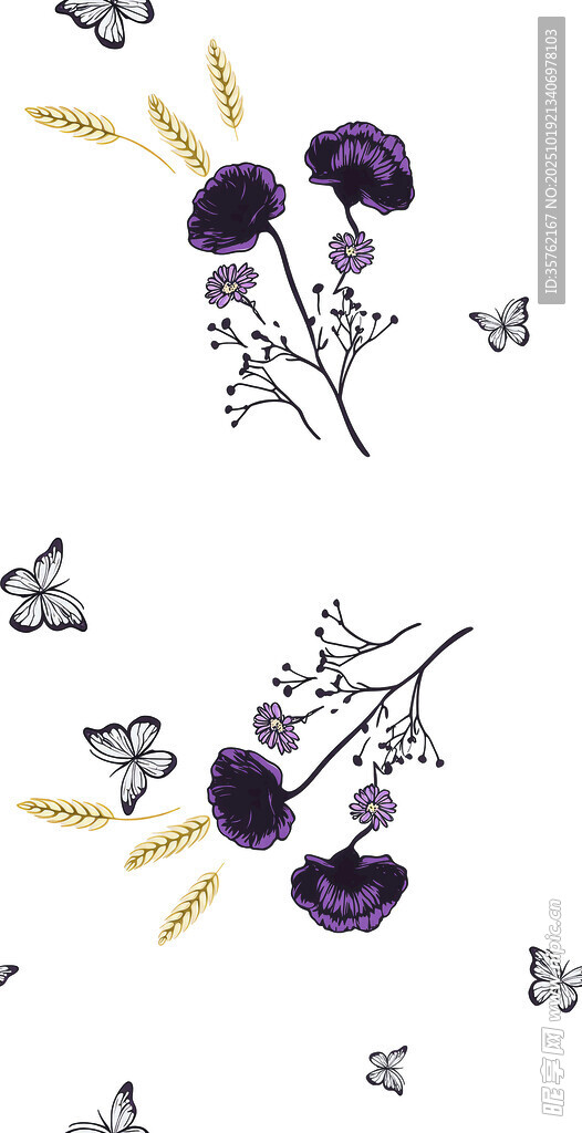 紫色花卉与蝴蝶插画