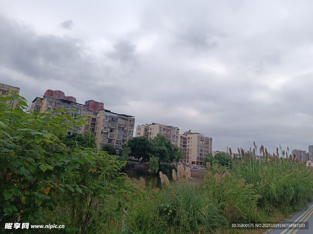 城郊绿植环绕的居民建筑群