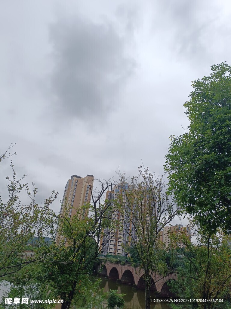 阴天中的古建筑与绿植