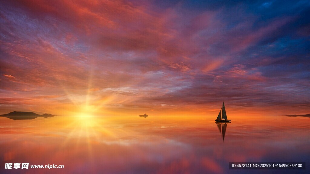 海上落日孤舟美景
