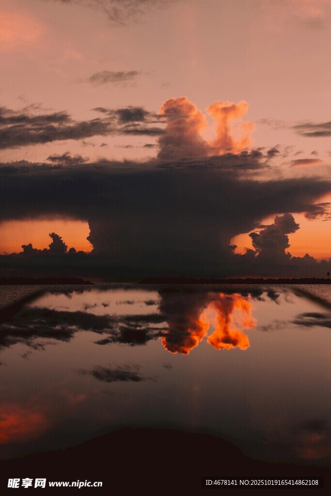 夕阳下的水面与天空倒影