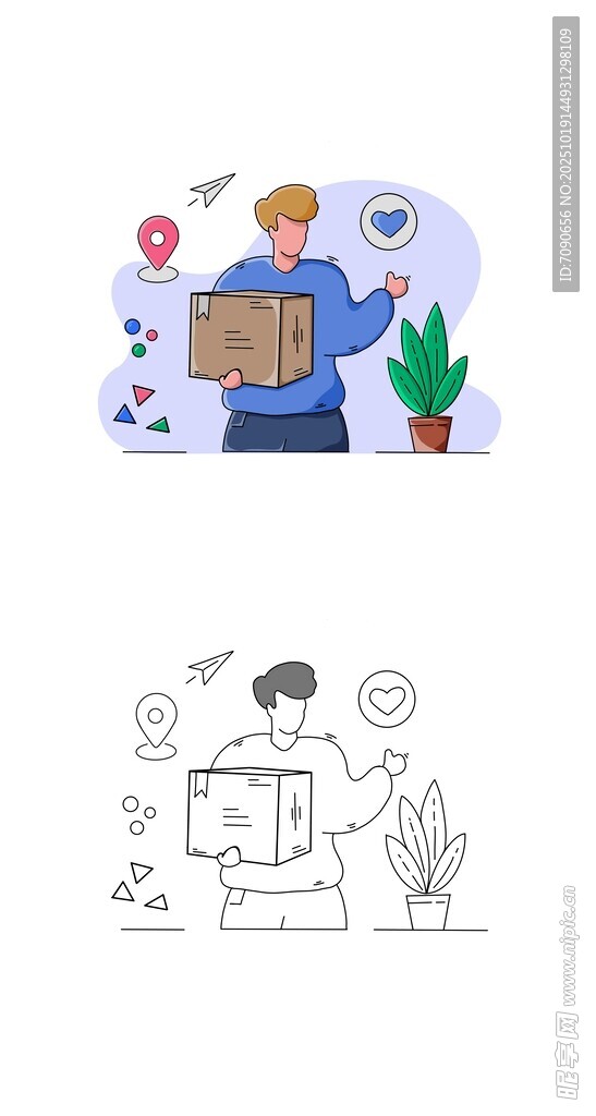 卡通人物与绿植工作场景