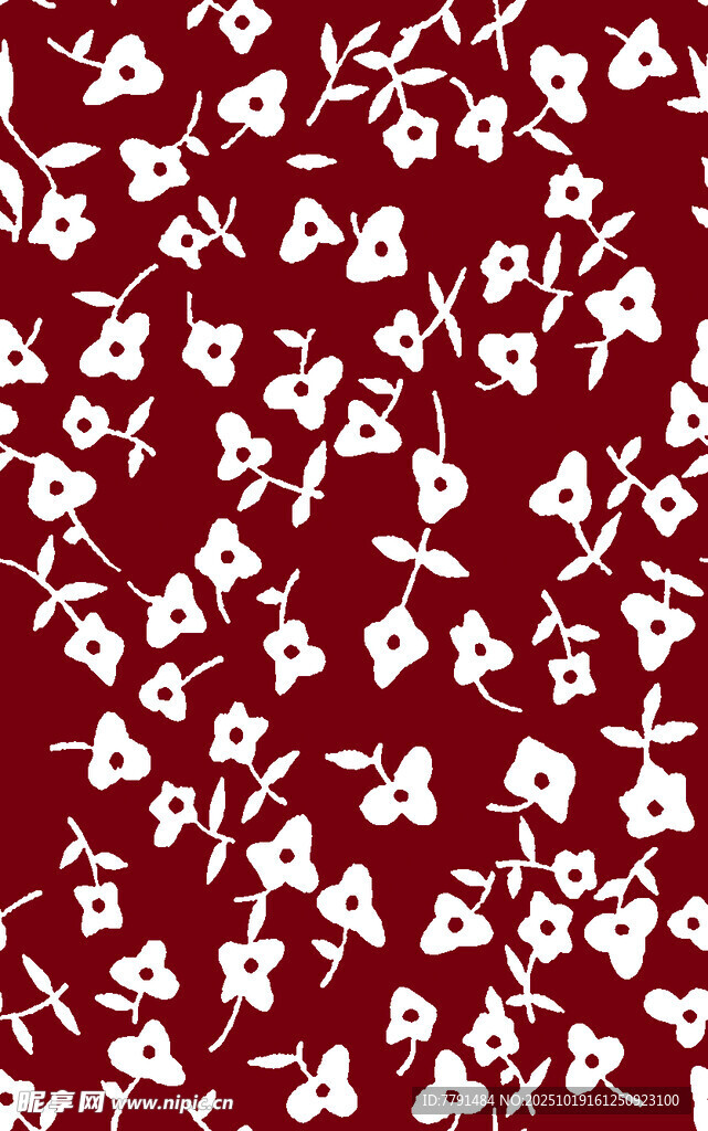 深红底白色花卉图案布料