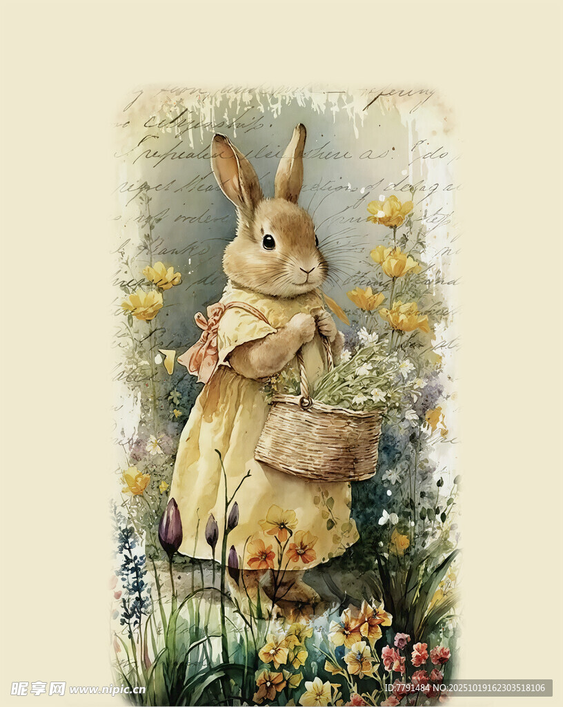 田园风提篮兔子插画