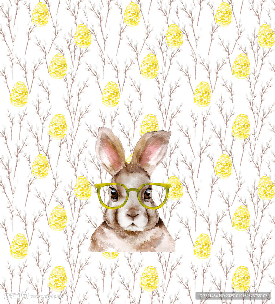 戴眼镜的萌兔与花卉图案