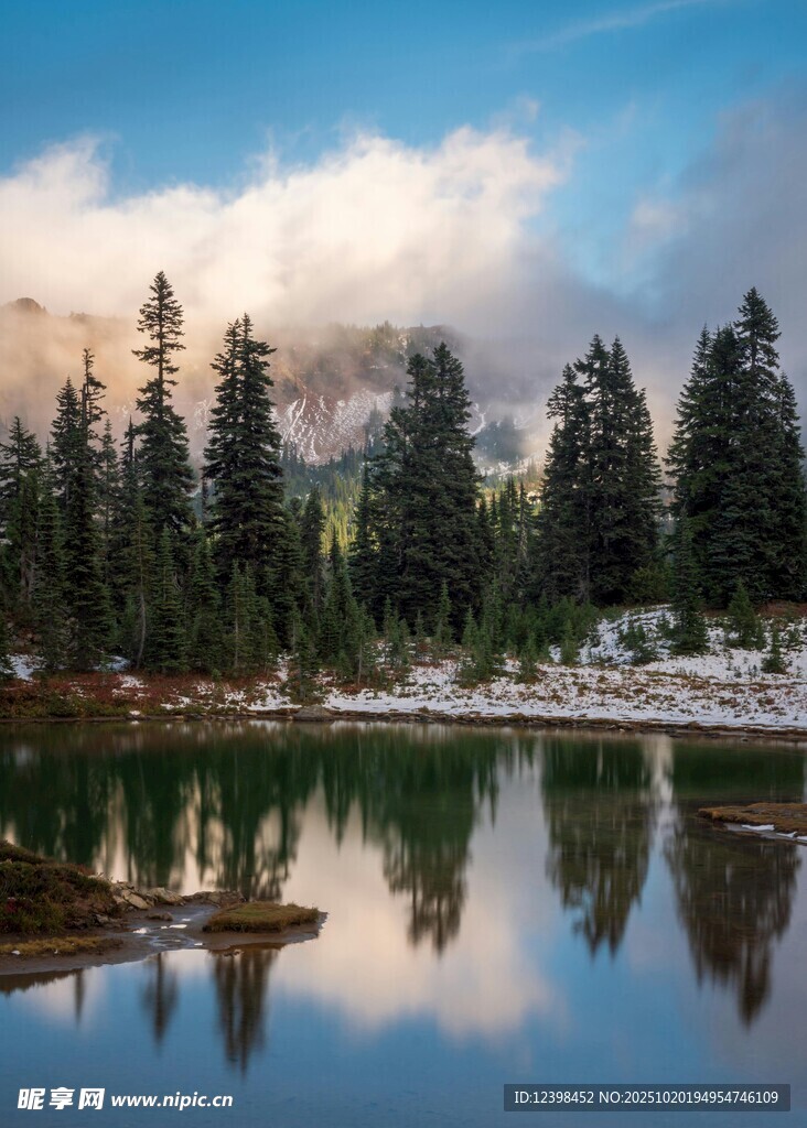 湖畔松林雪景倒影美景