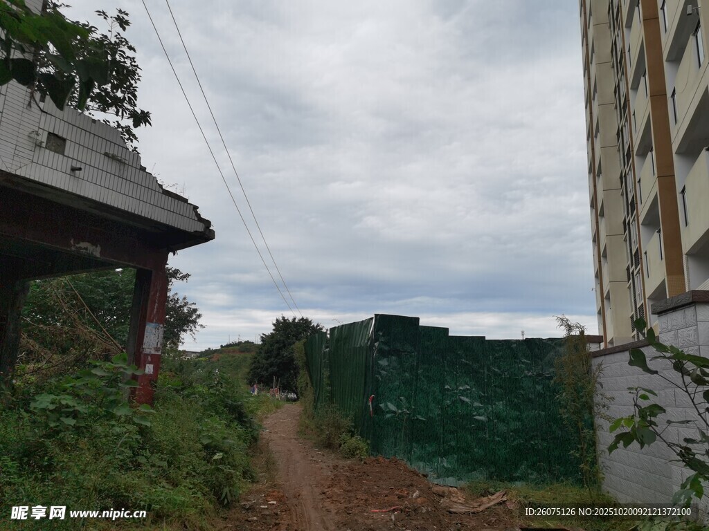 乡村小道旁的废弃建筑