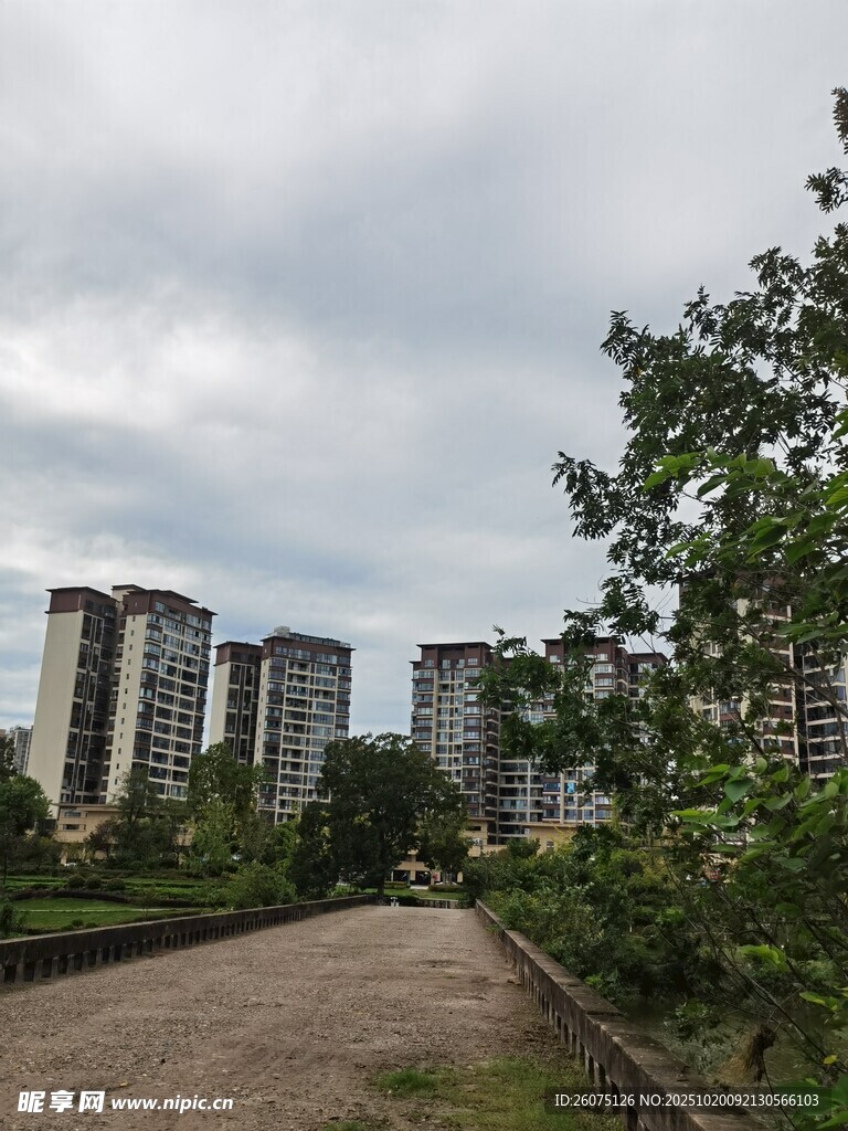 城郊小路旁的林立高楼