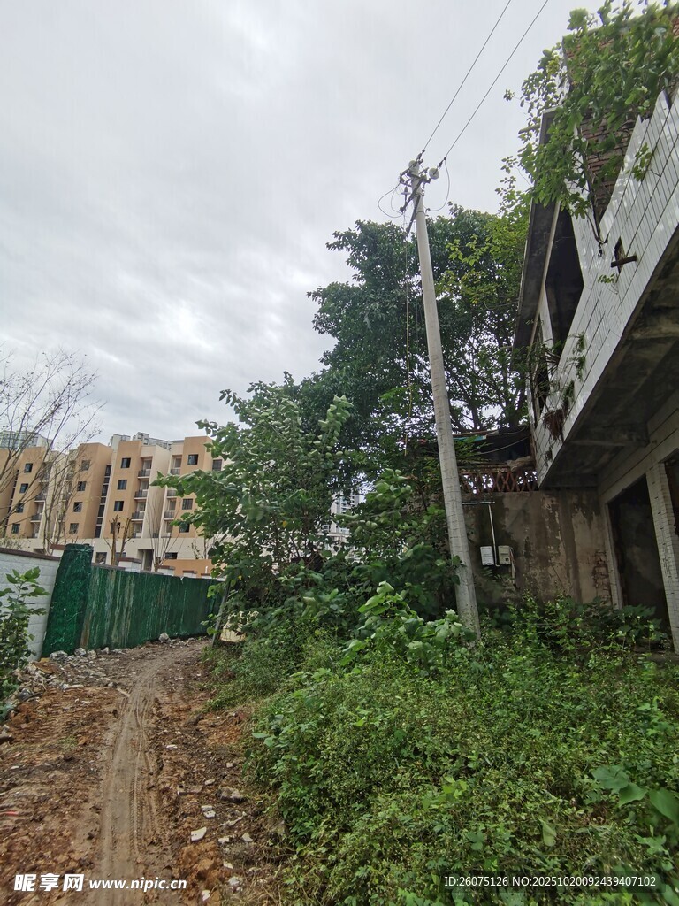 乡村小道旁的老旧建筑