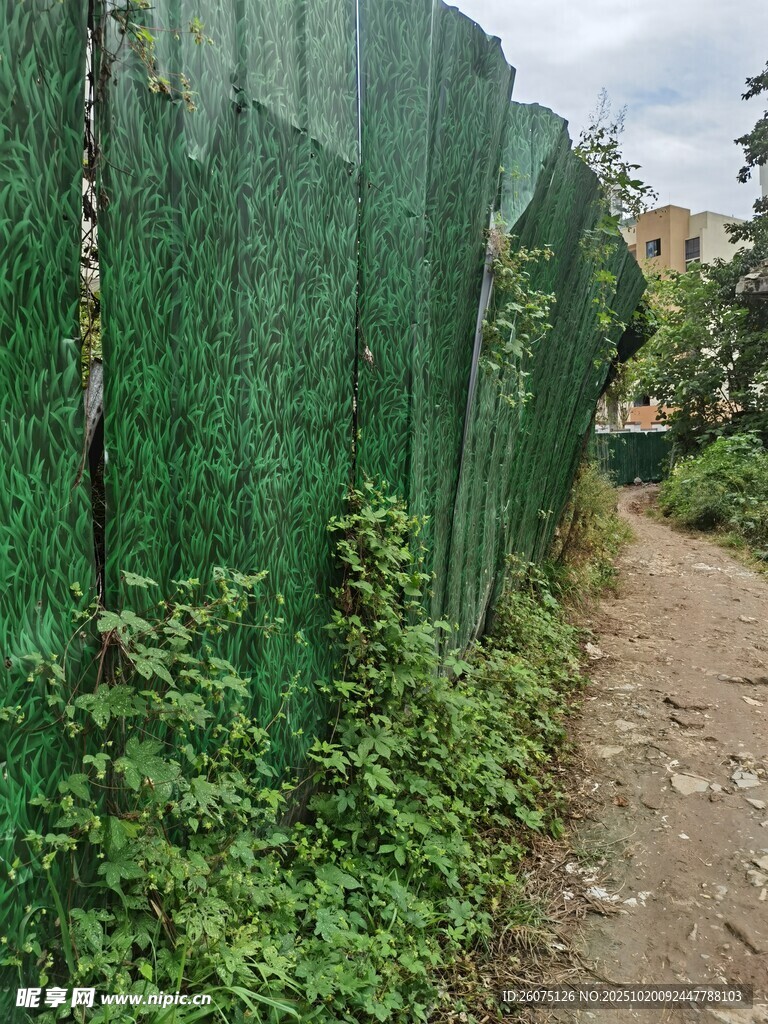 绿色围挡旁的泥泞小路