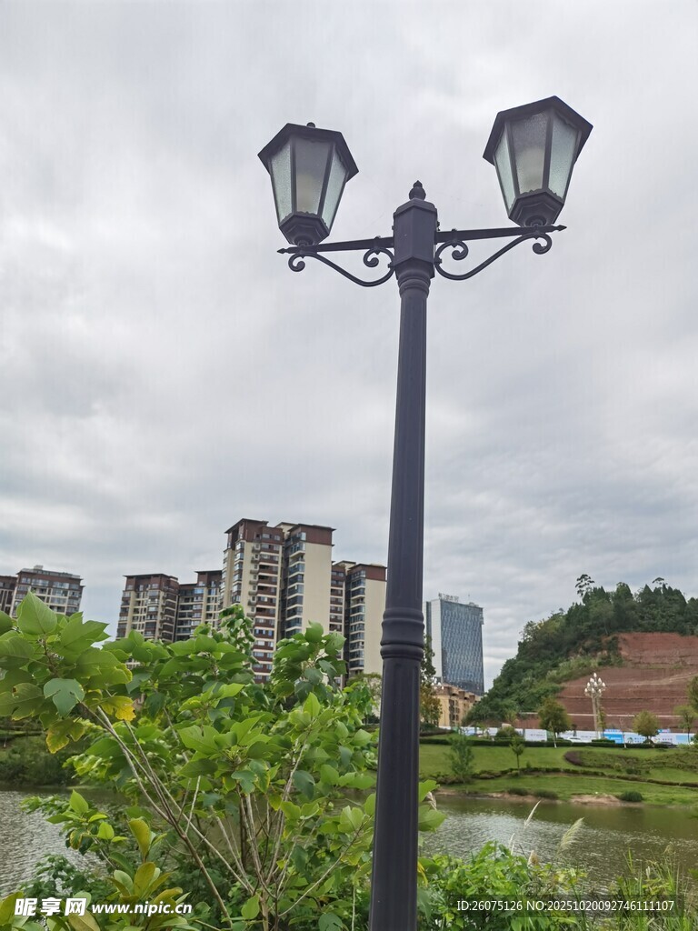 河畔路灯与远处高楼景观