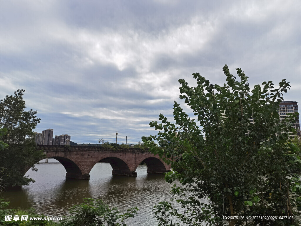 河畔石桥与葱郁树木景观