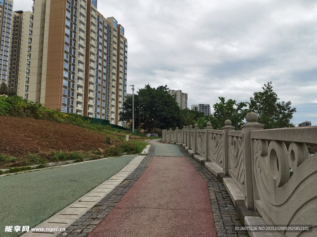 城市中宁静的步道与高楼