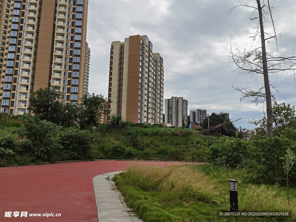 城市中蜿蜒的红色步道