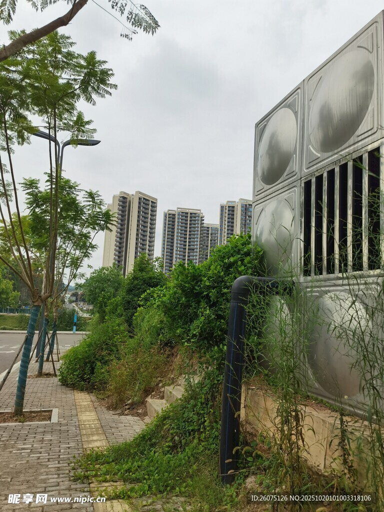 城市墙边绿植与银色水箱景观