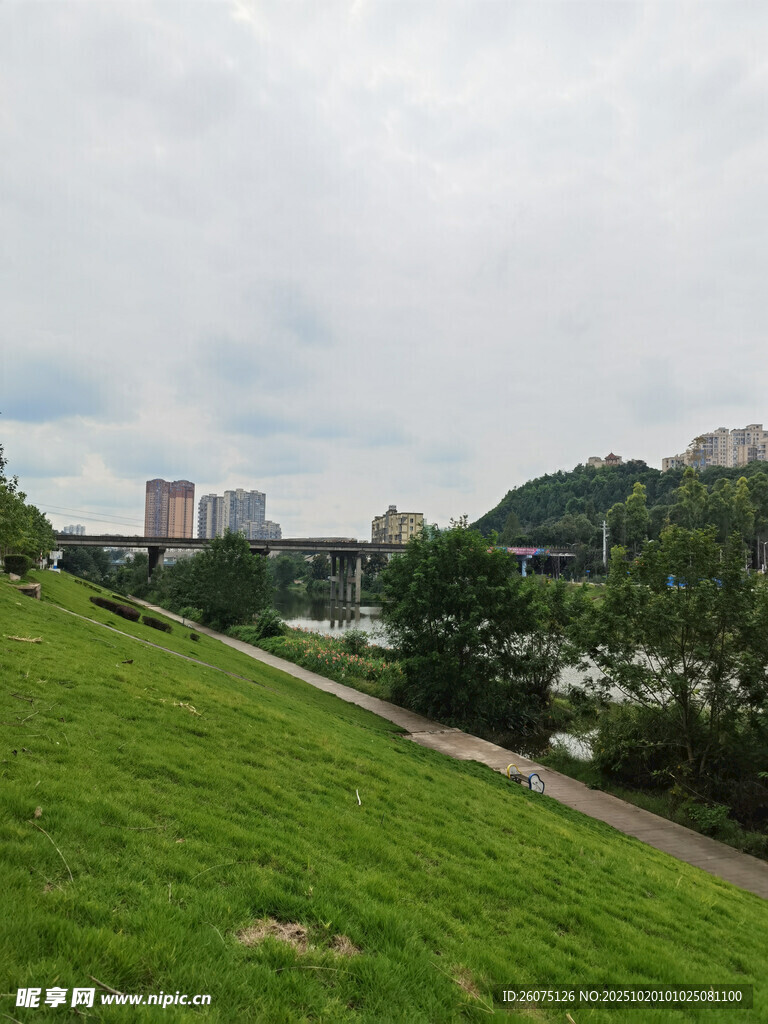 城市边的翠绿草地景观