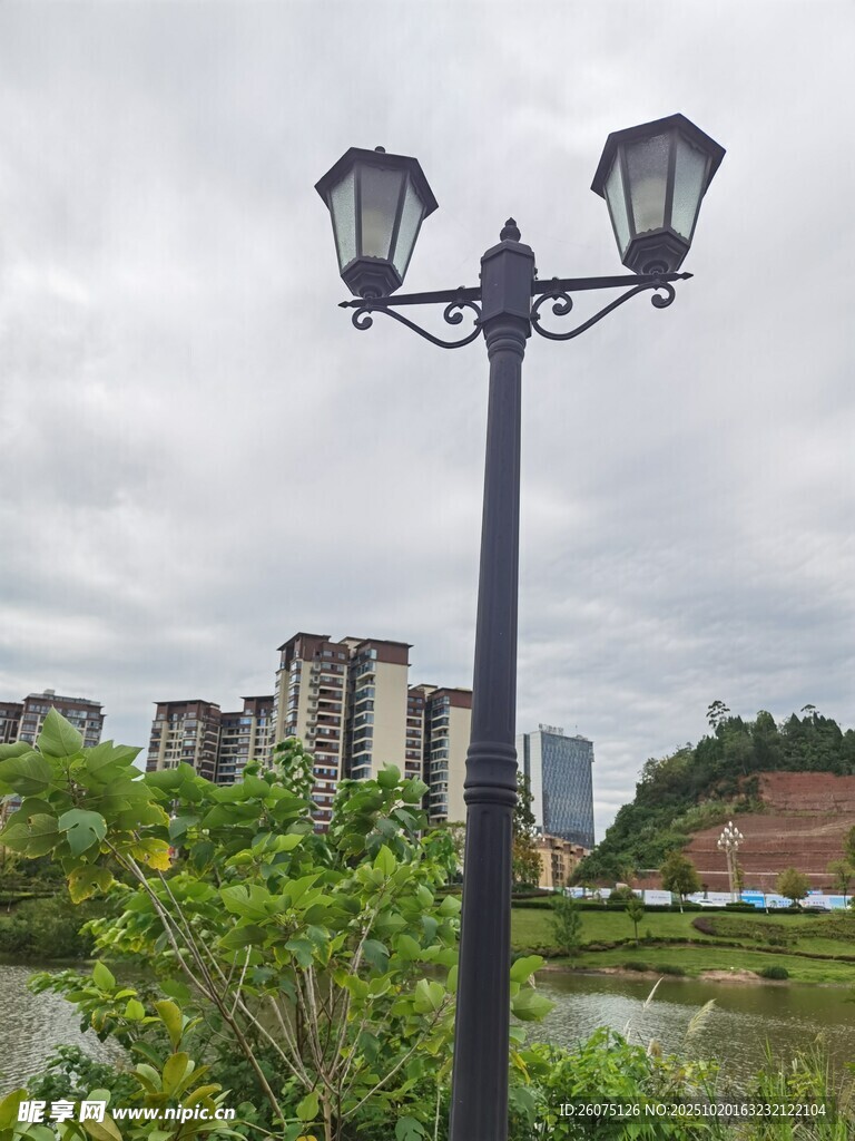 湖畔路灯与绿植建筑景观