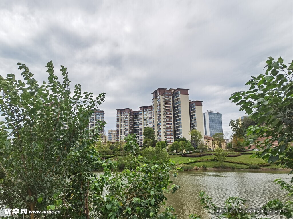 河畔高楼与绿植景观