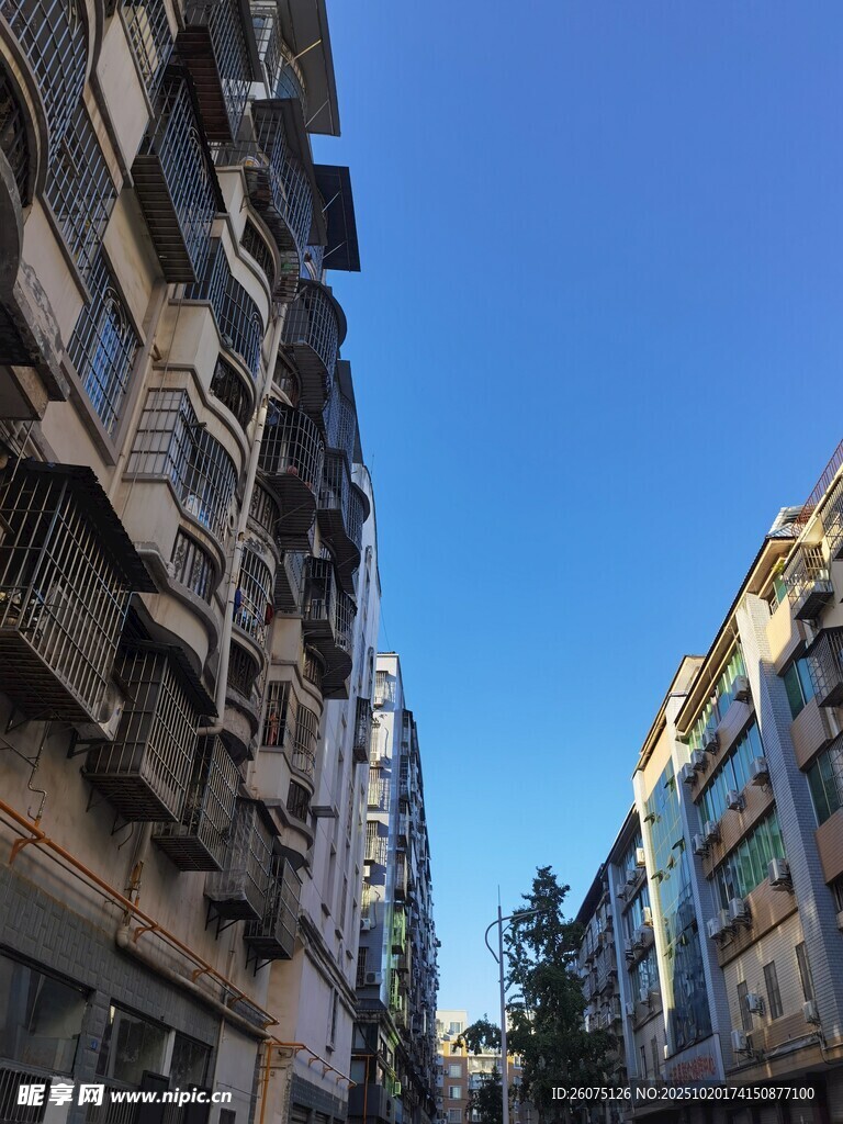 城市街道旁的多层建筑