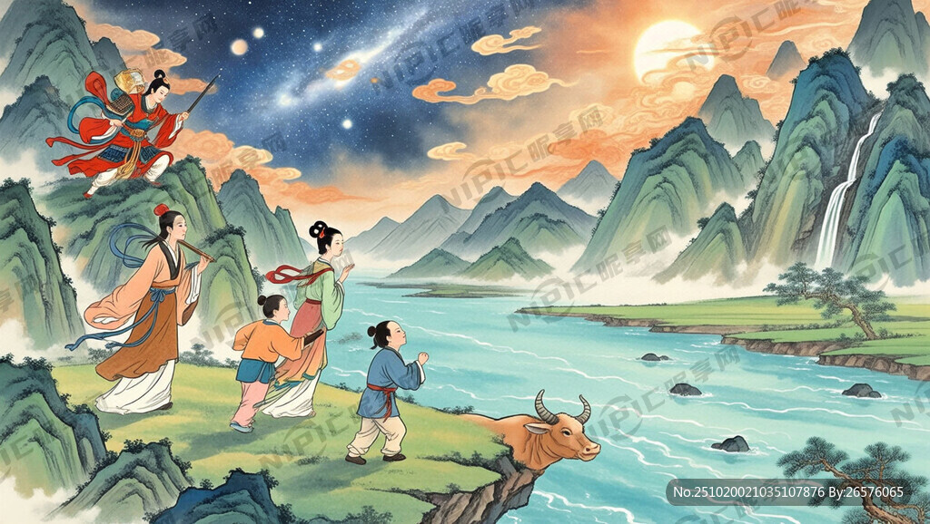 一道银河将画面隔为两部分。银河