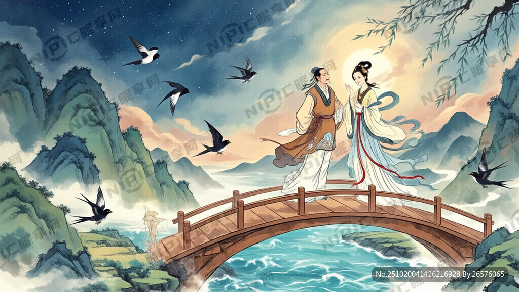 牛郞织女鹊桥会。 