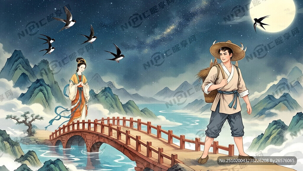 牛郞织女七夕银河鹊桥相会。 