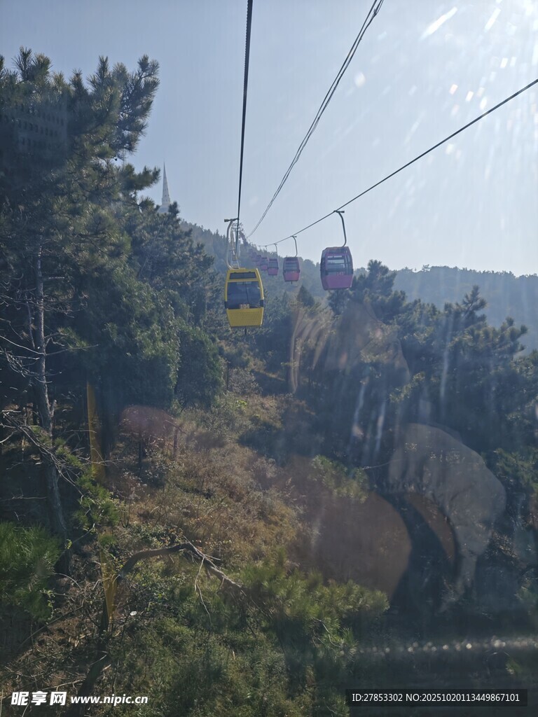 山间缆车穿梭于葱郁林木间