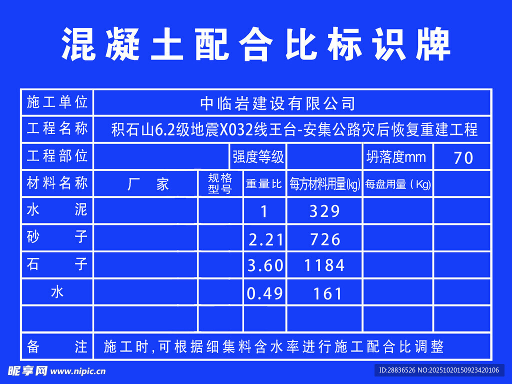 混凝土配合比标识牌展示