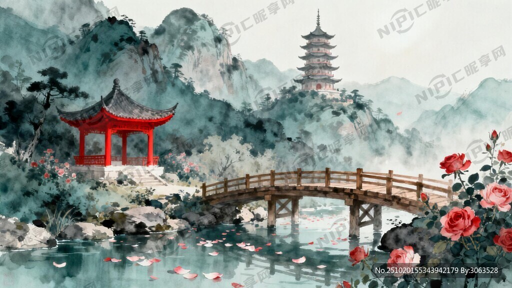 国风 月季花 山 亭子 木桥