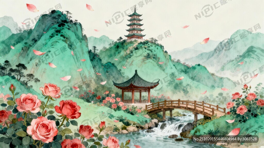 月季花 山 亭子 木桥 国风