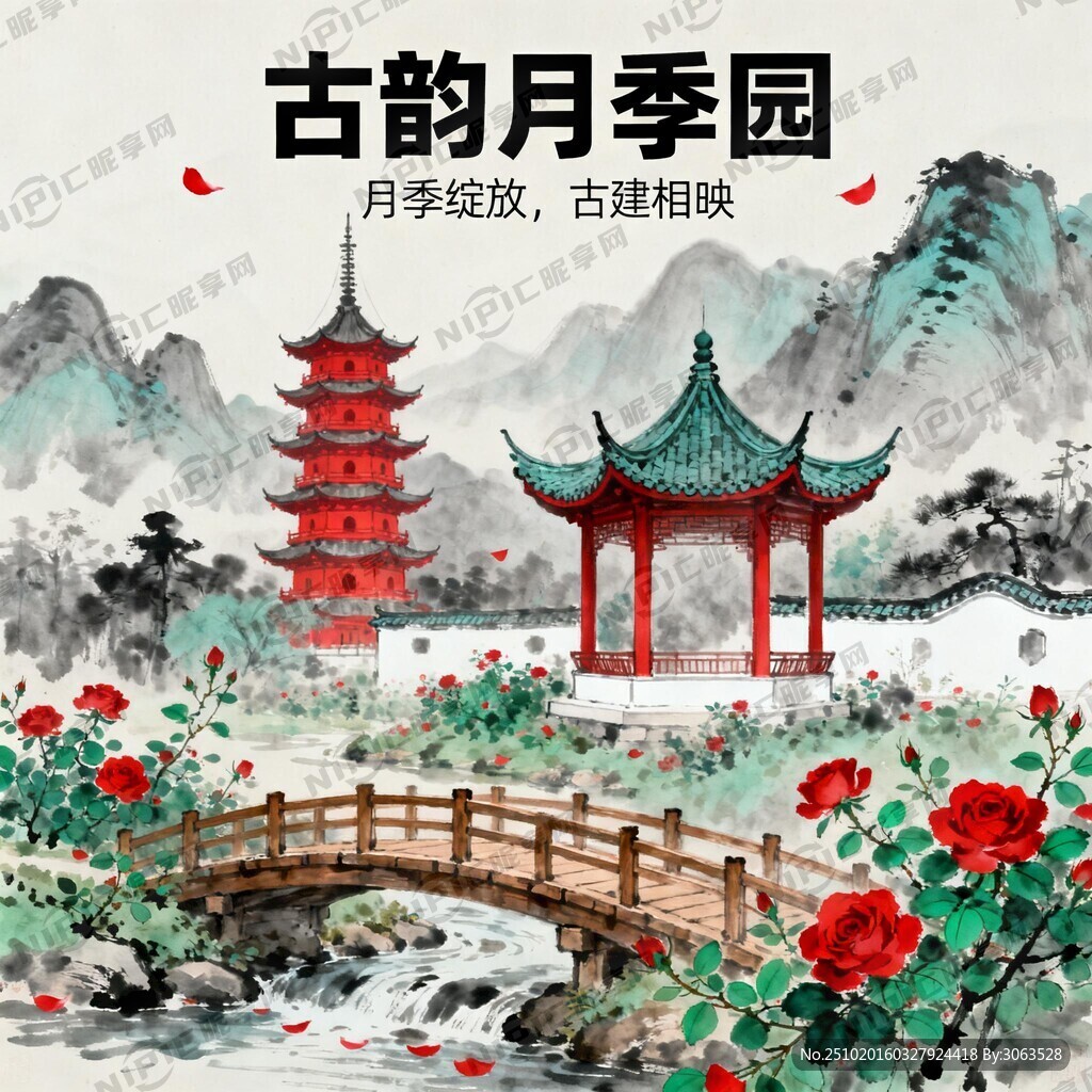 展板 古风 月季 山 木桥